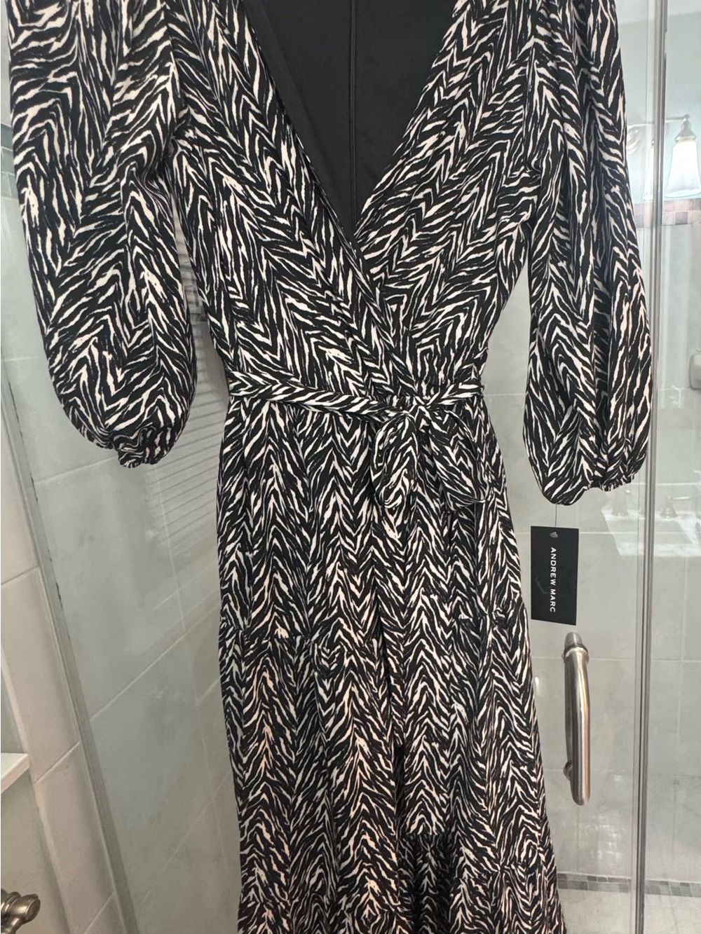 Andrew Marc Black and Cream Printed Wrap Dress